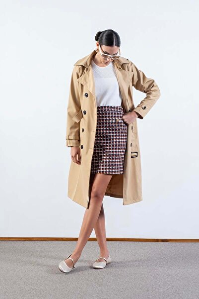 Spazio İmperatrice Kruvaze Yaka Kuşaklı Trençkot CAMEL