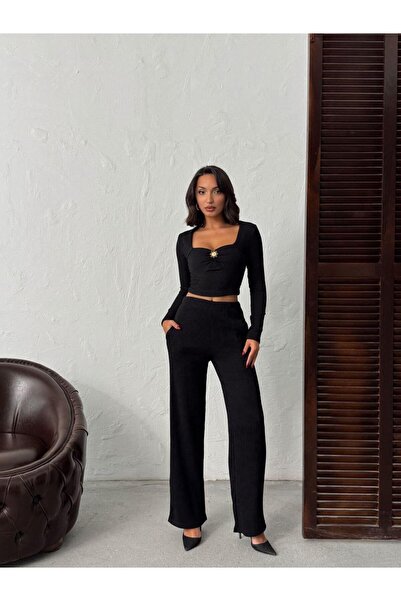 Jeevee Sun Brooch Meloni Fabric Square Neck Crop Top and Bottom Set