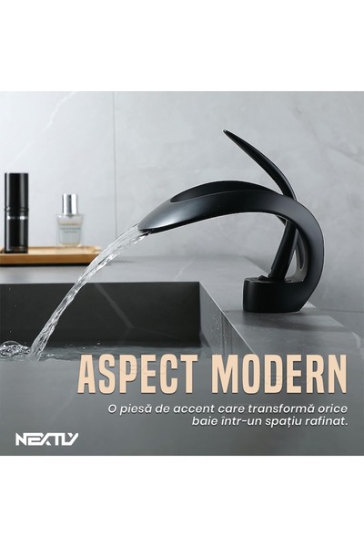 NEXTLY Baterie de baie Swan Luxe Cascade, negru mat, design premium din cupru