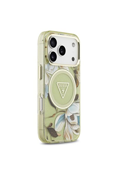 Guess Original IML Metal Glitter Flowers Triangle MagSafe iPhone 17 Pro Max Case, green