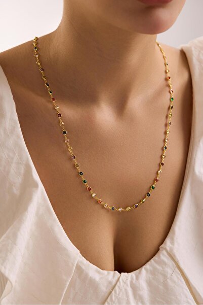 Nereze 925 Ayar Gümüş Gold Kaplama 85 Cm Uzunluk Renkli 3 mm Zirkon Taşlı Kolye