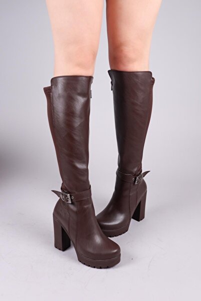 Birikon Ulza Strech Paneled Buckle Heeled Boots Brown