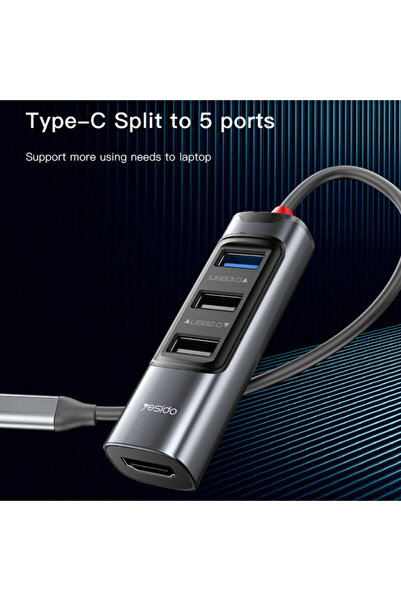 Yesido Type-C Hub to USB, USB-C, HDMI, PD 100W, 4K, 5-in-1 HB22