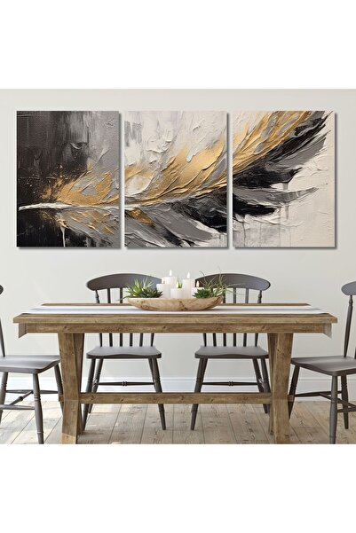GAAGART 3'lü Kanvas Duvar Tablosu Siyah Gold Şans Tüyü Tasarımı