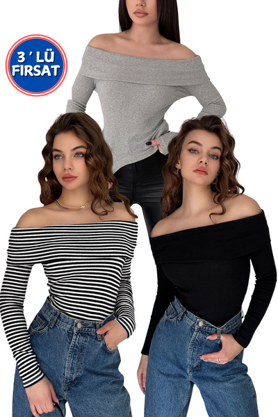 XELA PACHET DE 3 - PULOVER MADONNA CU GULER CU MANELE LUNGHE tricotaj cu stri...