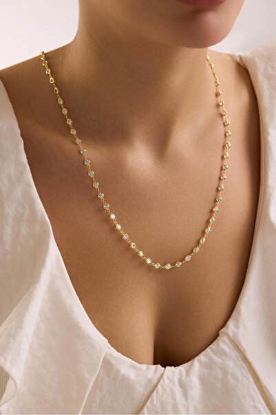 Nereze 925 Ayar Gümüş Gold Kaplama 85 Cm Uzunluk Beyaz 4 mm Zirkon Taşlı Kolye