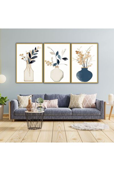 GAAGART 3'lü Metal Çerçeveli Cam Tablo Seti Vazo ve Soft Yaprak Tasarımı
