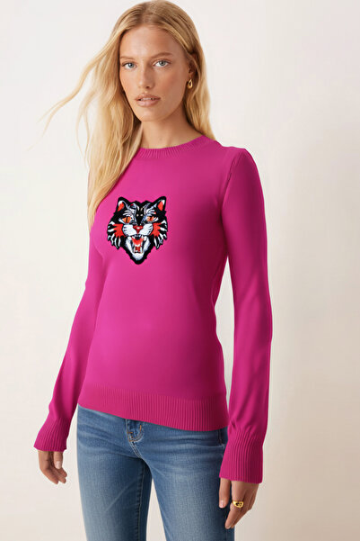 armonika Women's Fuchsia Crew Neck Appliqued Sweater Arm-26K136002