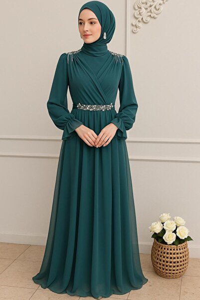 KADİR KORKMAZ GİYİM Yeşil Şifon Tesettür Abiye Elbise