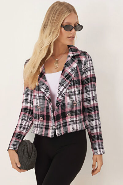 armonika Women's Pink-Black Double-Breasted Collar Tweed Crop Jacket Arm-24K001014