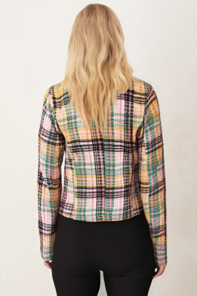 armonika Women's Rose Dry-Green Double-Breasted Collar Tweed Crop Jacket Arm-24K001014