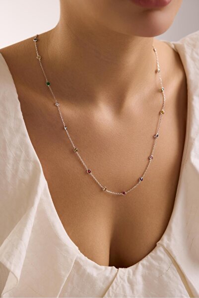 Nereze 925 Ayar Gümüş Rodyum Kaplama 85 Cm Uzunluk Eşit Aralıklı Renkli 4 mm ...