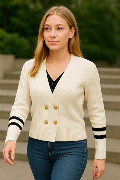 Sfg Life Moda Women's Gold Buttoned V-Neck Ribbed Sleeve Striped Detail Sweater-Cardigan