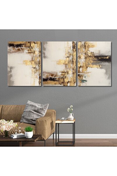 GAAGART 3'lü Kanvas Duvar Tablosu Gold Gri Renkte Desen Tasarımı