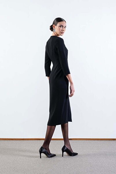 Spazio Eriberta V Yaka Önü Boncuk Taş İşlemeli Midi Abiye Elbise SİYAH