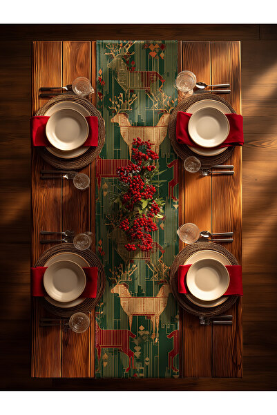 Medi Home Yılbaşı Golden Forest Soyut Geyik Desenli Runner – Yeşil & Kırmızı Tonları