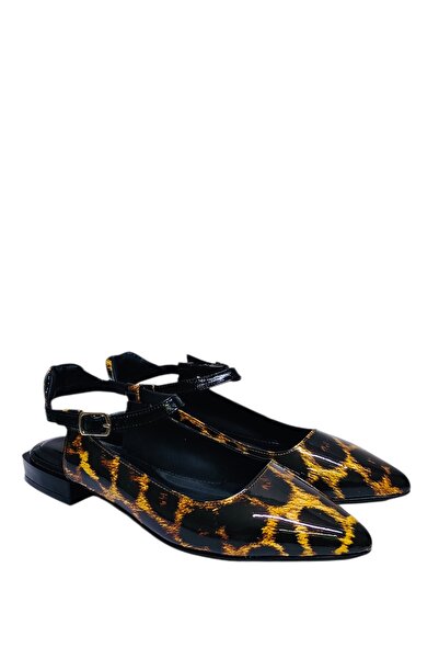 DRY SHOES Hakiki Deri Leopar Parlak Kadın Babet Ayakkabı Günlük Sivri Burun D...