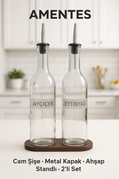 Amentes Ahşap Stantlı Şeffaf 2'li 750 Ml Zeytinyağı Sıvıyağ Şişesi Yağdanlık Yağlık Cam Şişe