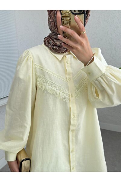 MACMODA Güpür Püsküllü Ham Keten Balon Kol Gömlek