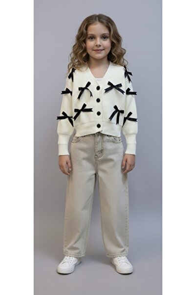 SmallTouch Kız Çocuk Düğmeli Fiyonklu Triko Hırka Sonbahar Kışlık Giyim