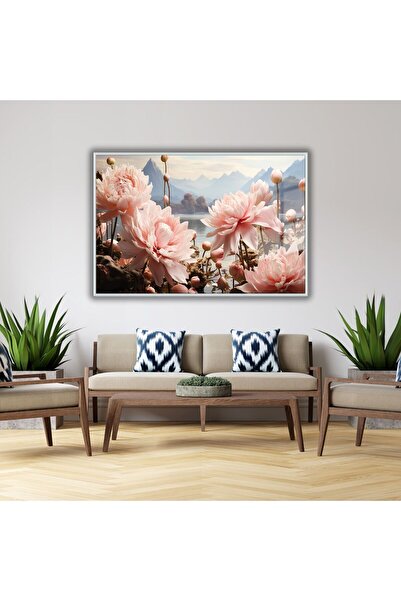 GAAGART Metal Çerçeveli Yatay Cam Tablo Pastel Soft Pembe Hint Lotusu