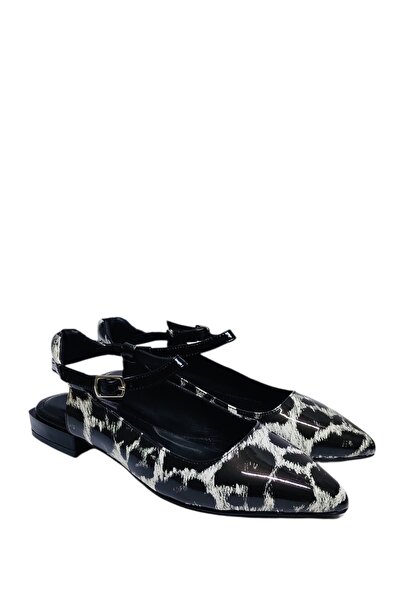 DRY SHOES Hakiki Deri Siyah Beyaz Rugan Kadın Babet Ayakkabı Günlük Sivri Bur...