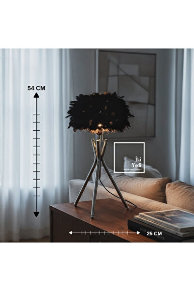 77 Miava Siyah Tüylü Krom Ayaklı Masa Lambası 54 cm Dekoratif Abajur Modern E...