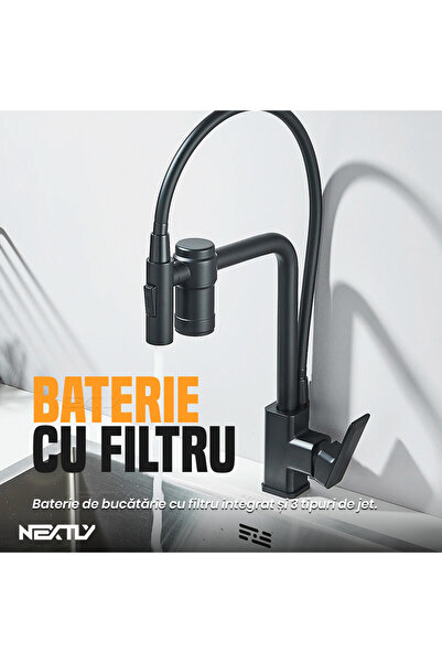 NEXTLY Baterie de bucătărie cu filtru integrat, cap de pulverizare magnetic, construcție din cupru, gri