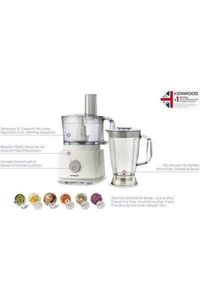 Kenwood Food Processor, 750W, 2 L, Blender & Whisk, Dough Maker, FDP03.C2WH, White