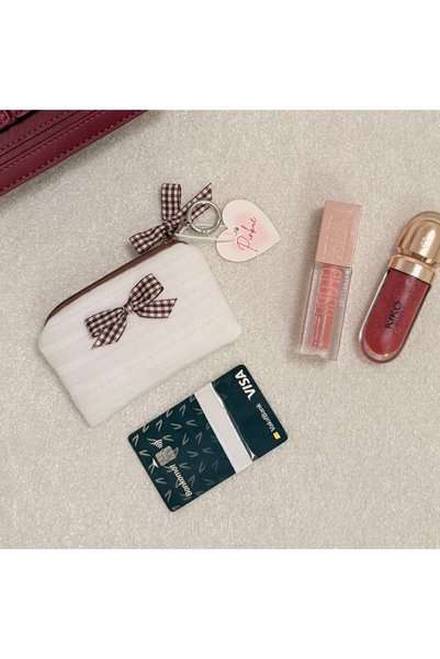 PİNKUE Brown Plaid Ribbon Detailed Mini Card Holder/Wallet/Keychain