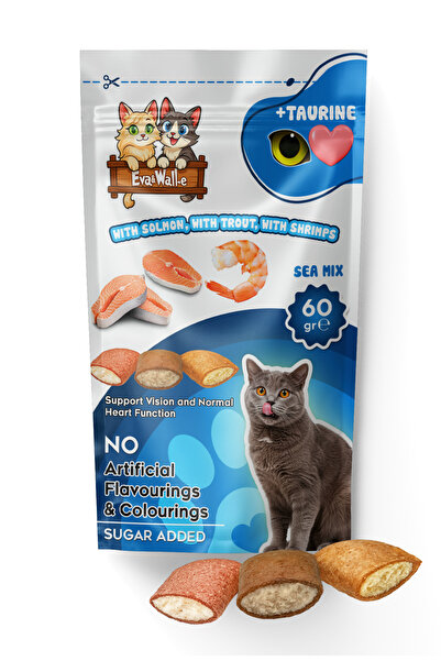 Eva & Wall-e Aqua Treats Kedi Ödül Maması 60 g | Taurin Destekli Somon, Alabalık ve Karides Aromalı