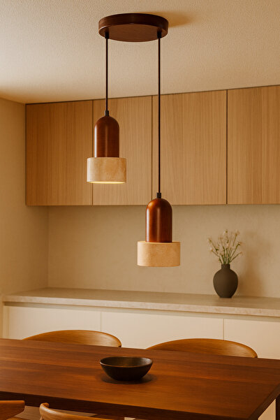 Baz Aydınlatma İkili Traverten ve Ceviz Ahşap Sarkıt Avize – Doğal Taş & Masi...