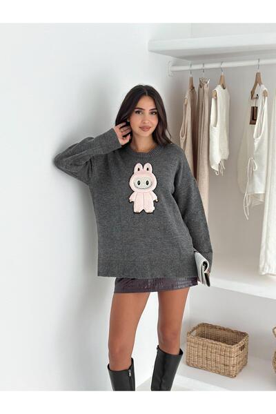 Jeevee Tavşan Figürlü Oversize Bisiklet Yaka Triko Kazak