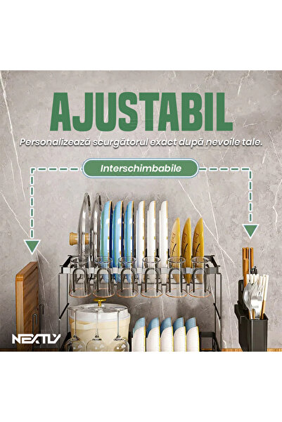 NEXTLY 2-Tier Dish Rack with Utensil Holder & Cutting Board, Metal, 42x30x32cm, Black