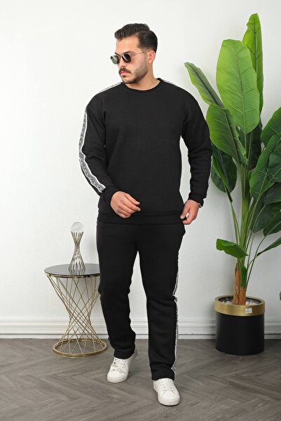 brozzi men Men's Black White Striped Detail Three Thread Regular Tracksuit Set