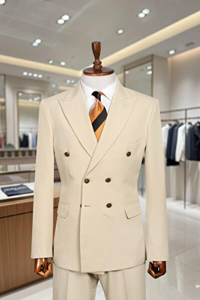 Salihtarzz Takım Elbise Kruvaze SlimFit Krem SD42263