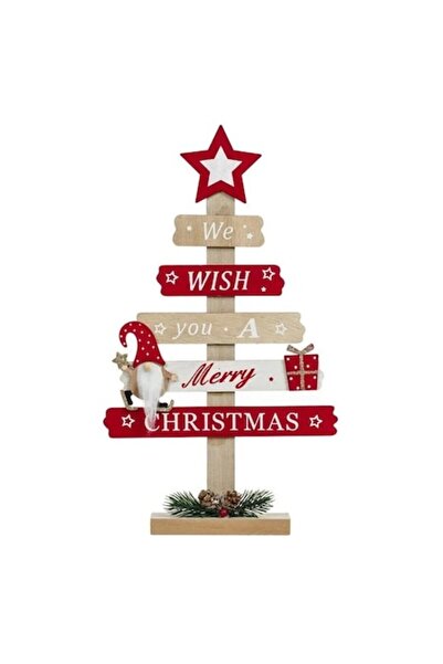 OEM Decorațiune de Crăciun din lemn - Brad cu scânduri, gnom și stea, 36,5 cm