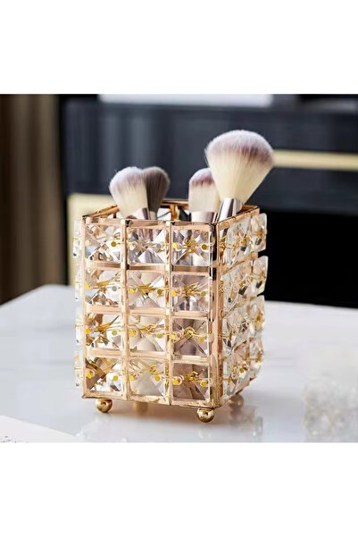 sahane & bazaar Kristal taşlı metal mumluk şamdan ve makyaj kozmetik ürün düzenleyici altın renk