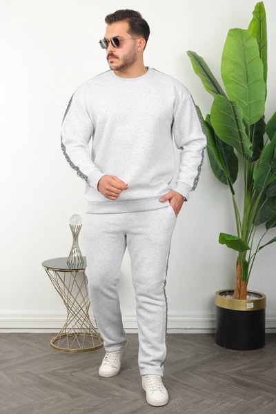 brozzi men طقم رياضي رجالي باللون الرمادي تفاصيل مخططة عادي وعصري