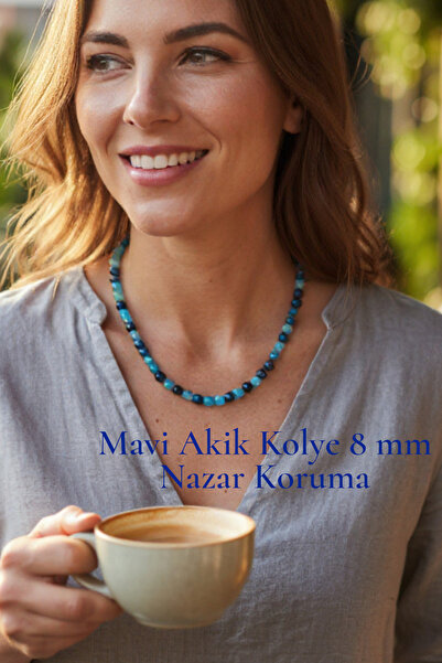 NBS Beautiful Naturel Stones Blue Agate Natural Stone Women's Necklace 8 mm Quality (Evil Eye Protection)