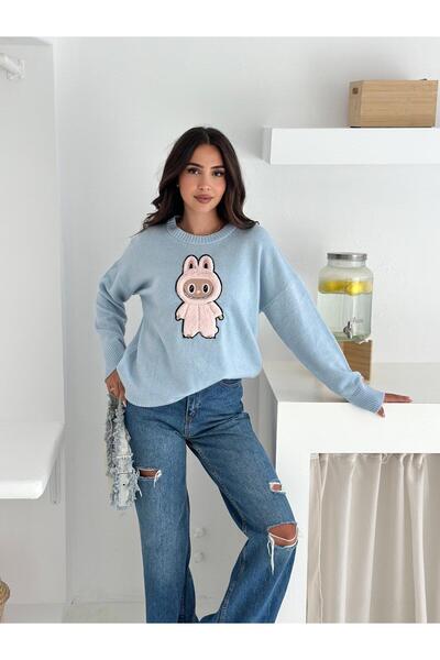 Jeevee Tavşan Figürlü Oversize Bisiklet Yaka Triko Kazak