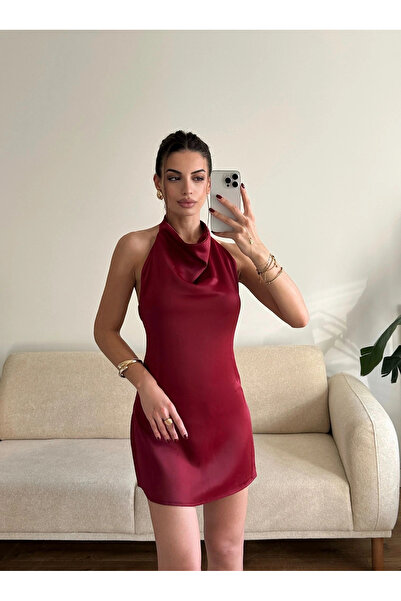 Zoom Butik Sırt Dekolte Boyun Geçmeli Elbise - BORDO