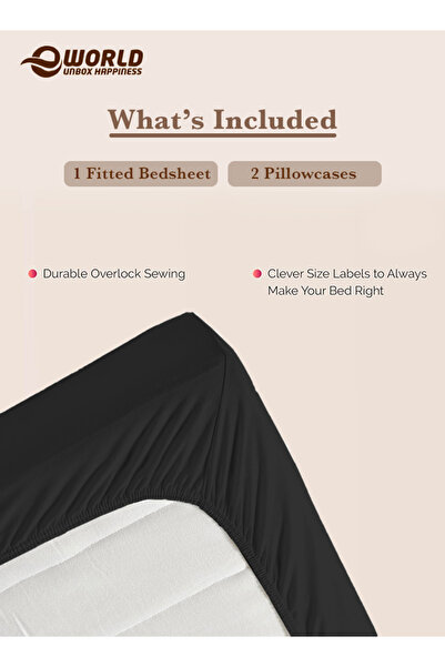 Eworld 2-Piece Single Size Black Cotton Fitted Bedsheet Set, Deep-Pocket Single Sheet & 1 Pillow Cover