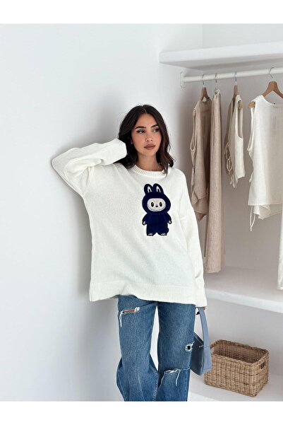 Jeevee Tavşan Figürlü Oversize Bisiklet Yaka Triko Kazak