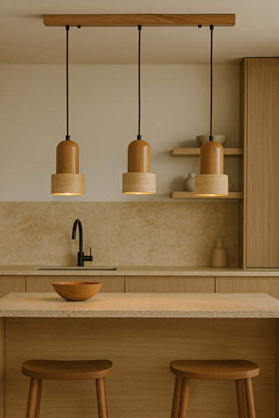 Baz Aydınlatma Traverten & Ahşap 3lü Sarkıt Avize