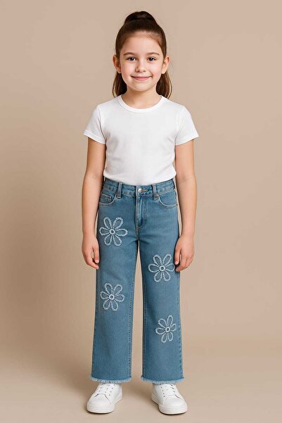 Renata's kız çocuk çiçek nakışlı buz mavi likralı denim kot jean pantolon