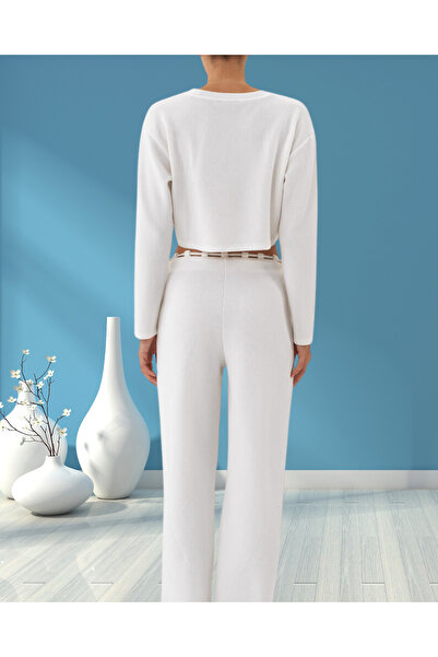 MinervaXint Women's Ecru Stretchy Textured Regular Fit Short Skirt Off-Shoulder Blouse