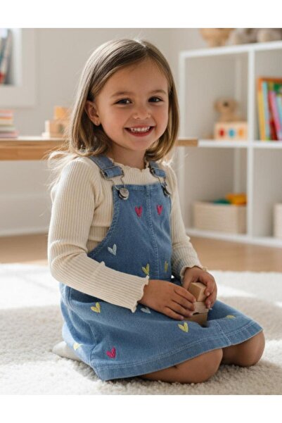 ALTINTAŞ BABY Colorful Heart Embroidered Transitional Knitted Denim Fabric Cotton 2-Piece Salopet Set