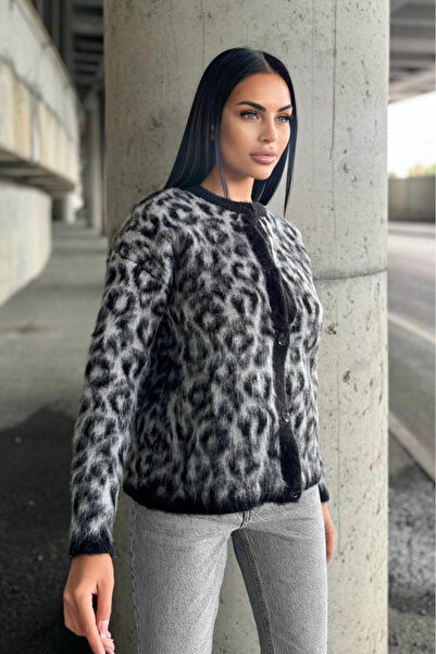 OLSAMODA Women's Fur Leopard Printed Soft Textured Premium Knitwear Cardigan