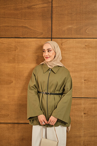 LOCCO Kadın Pile Detay Gabardin Ceket Yeşil